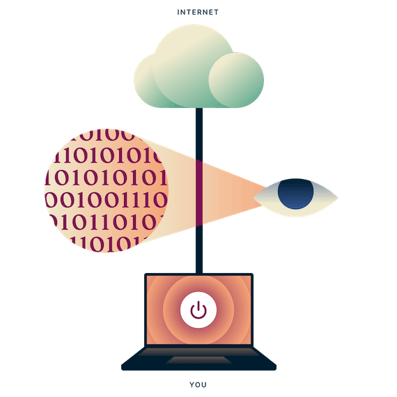 Laptop with an unsecured connection to the internet with an eye looking at traffic data between the laptop and the internet.